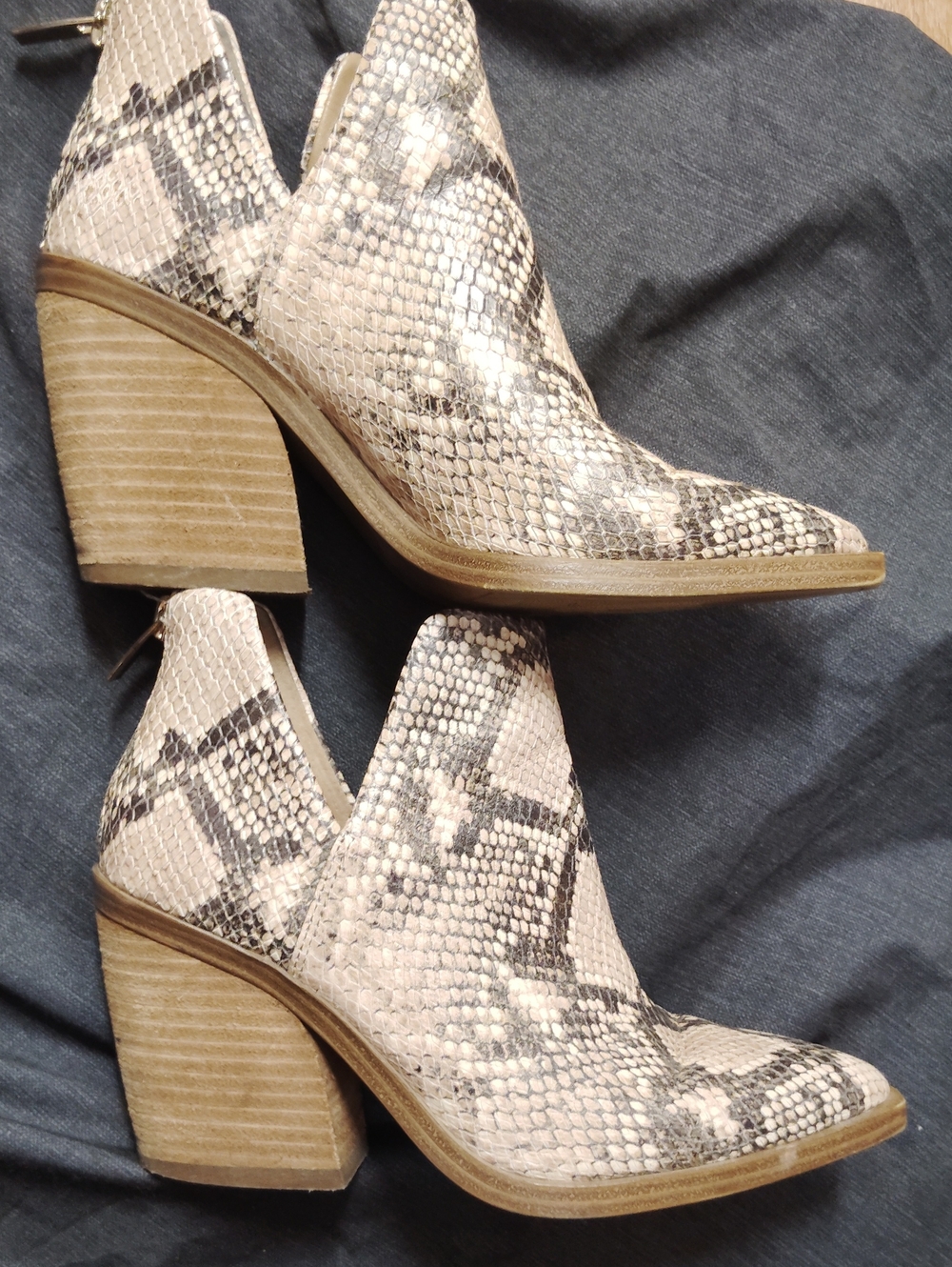 Vince Camuto Cream and Gray Snake-Print Block Heel Ankle Boots